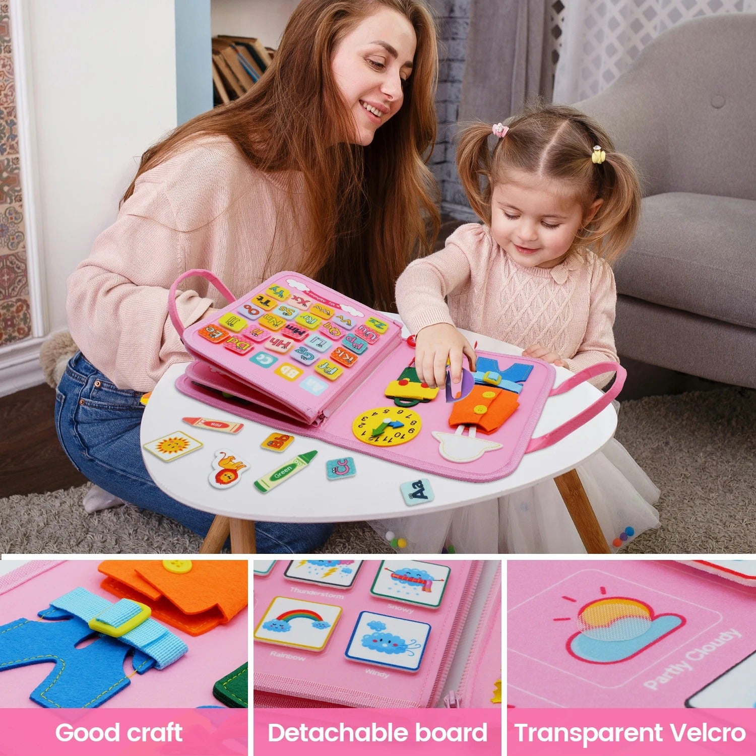 Montessori Busy Board for Toddlers 1–4 Years, Toddler Sensory Activity Board with Zippers Buttons Buckles, Fine Motor Skills Learning Toy for Travel