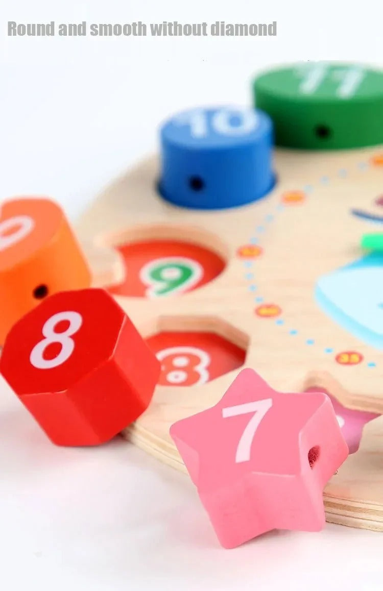 Montessori Wooden Blocks Puzzle for Kids – Shape, Number & Color Sorting Clock Toy, Penguin Pattern Time Learning Educational Toy for Toddlers Ages 3–6