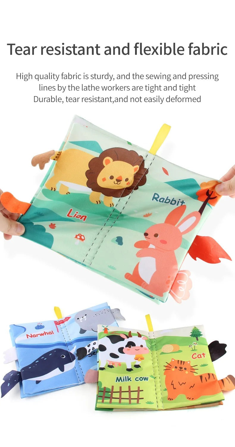 Baby Cloth Book with Cartoon Animal Tails, Ringed Soft Sensory Book for Infants 0–12 Months, Montessori Early Learning Toy, Educational Crinkle Baby Book Gift LBBB03