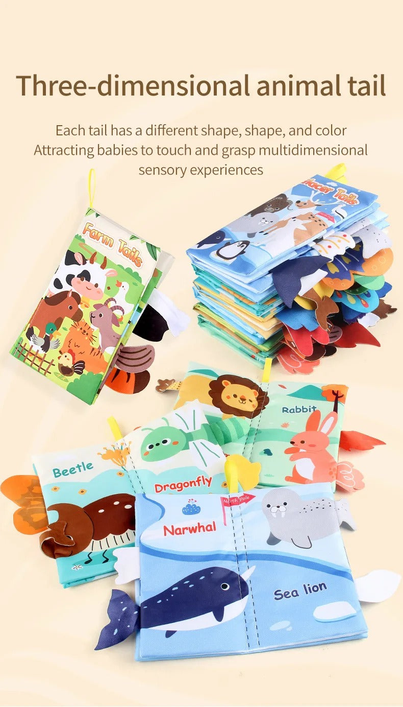 Baby Cloth Book with Cartoon Animal Tails, Ringed Soft Sensory Book for Infants 0–12 Months, Montessori Early Learning Toy, Educational Crinkle Baby Book Gift LBBB03