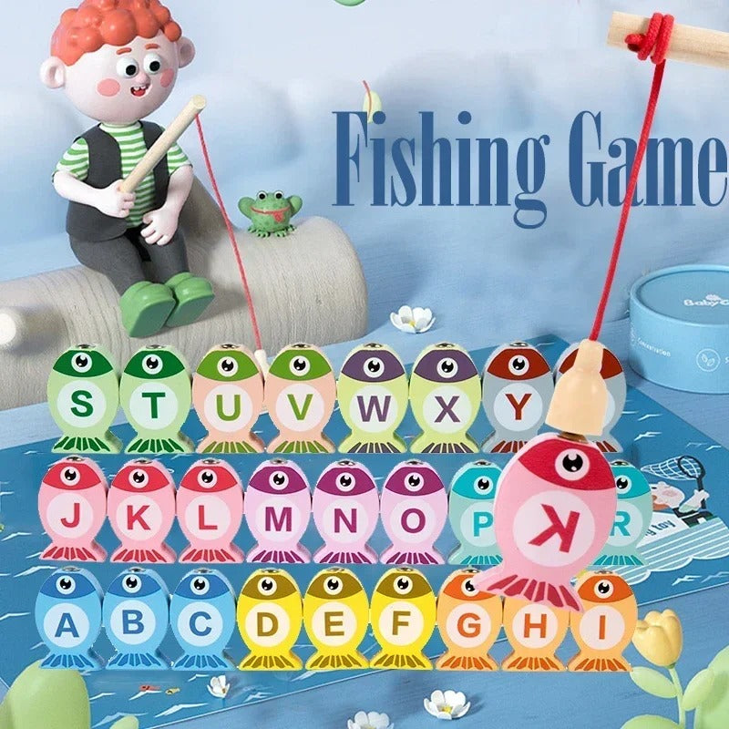 Kids Wooden Fishing Game Toy, Alphabet & Number Learning Puzzle, Fine Motor & Early Education, Ages 2–5