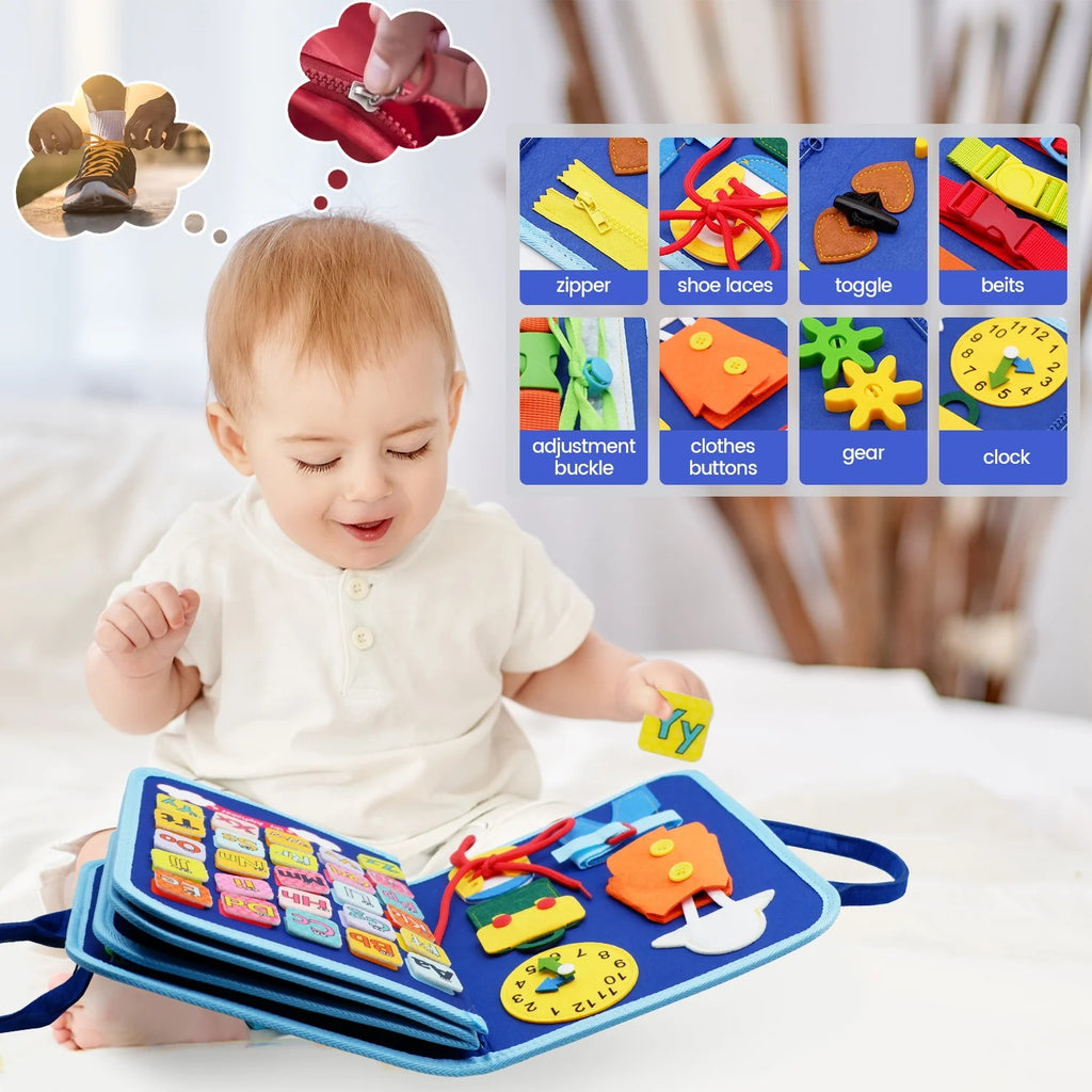 Montessori Busy Board for Toddlers 1–4 Years, Toddler Sensory Activity Board with Zippers Buttons Buckles, Fine Motor Skills Learning Toy for Travel