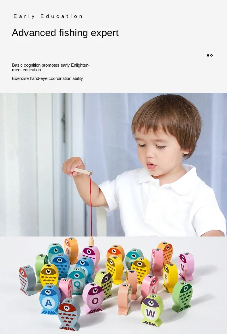 Kids Wooden Fishing Game Toy, Alphabet & Number Learning Puzzle, Fine Motor & Early Education, Ages 2–5