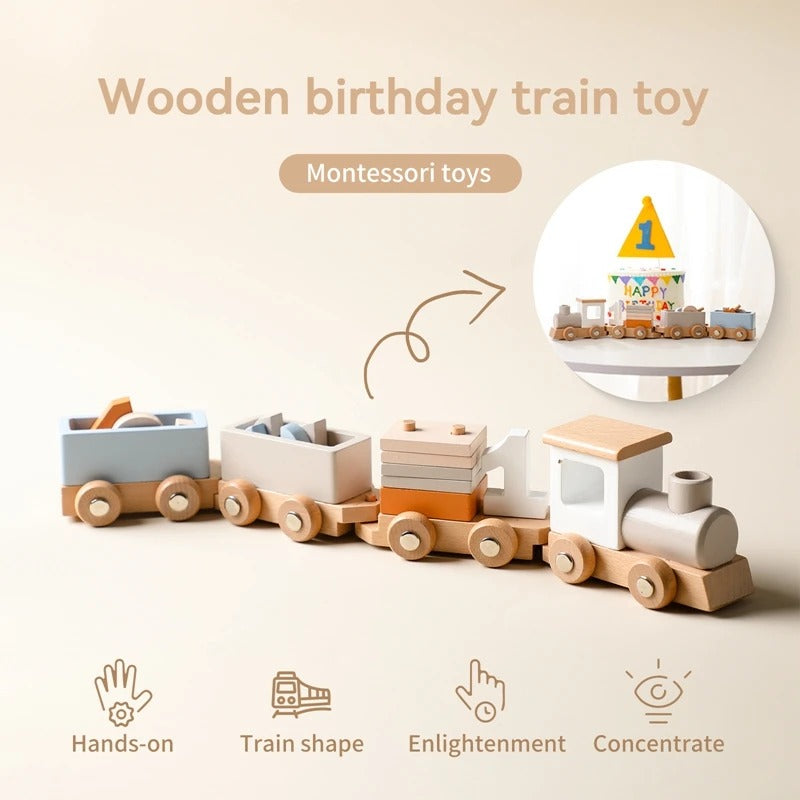 Montessori Wooden Train Toy for Toddlers – Educational Pull-Along Trolley with Number Blocks, Baby Learning Birthday Gift