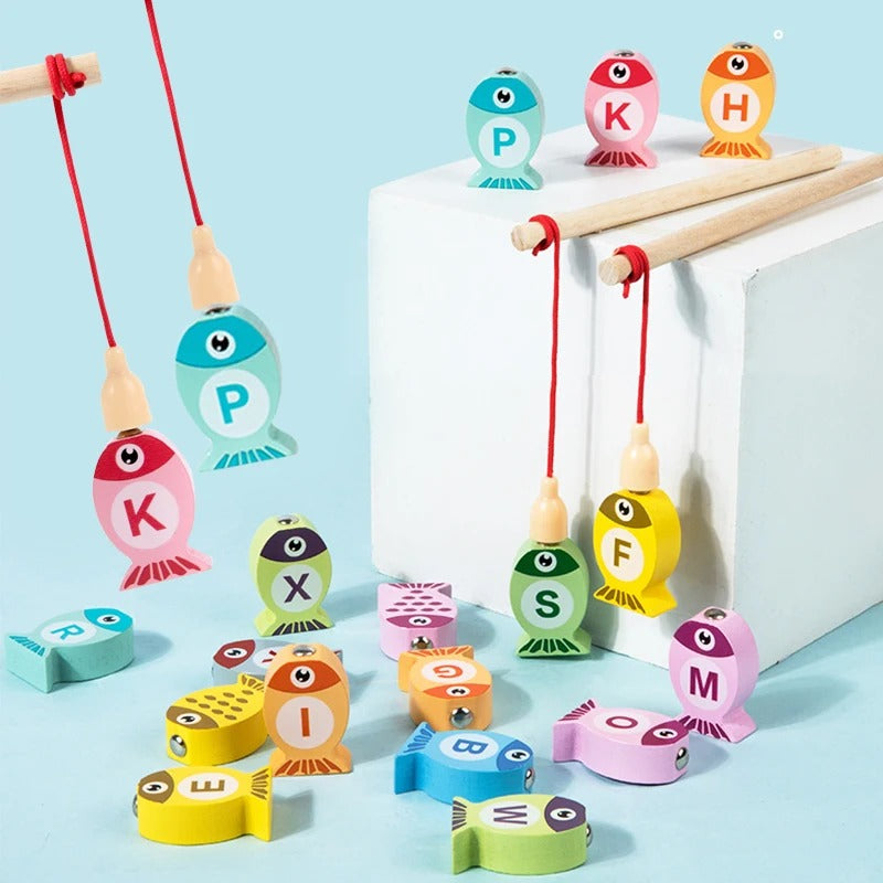 Kids Wooden Fishing Game Toy, Alphabet & Number Learning Puzzle, Fine Motor & Early Education, Ages 2–5