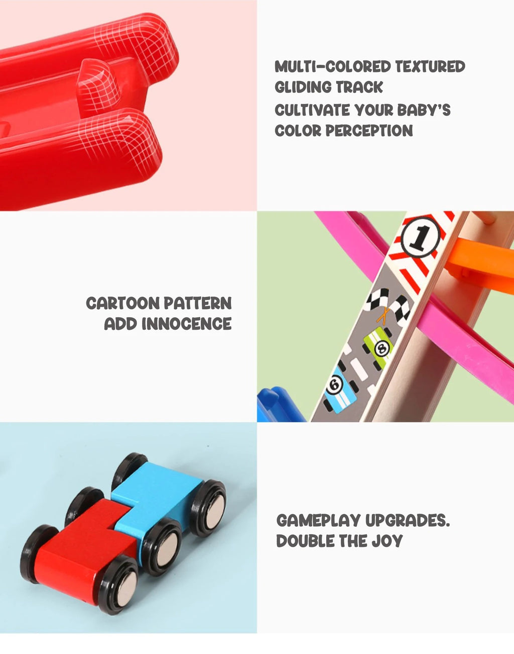 Montessori Wooden Ramp Racing Car Toy – 4–7 Track Inertia Slide Race Set for Toddlers