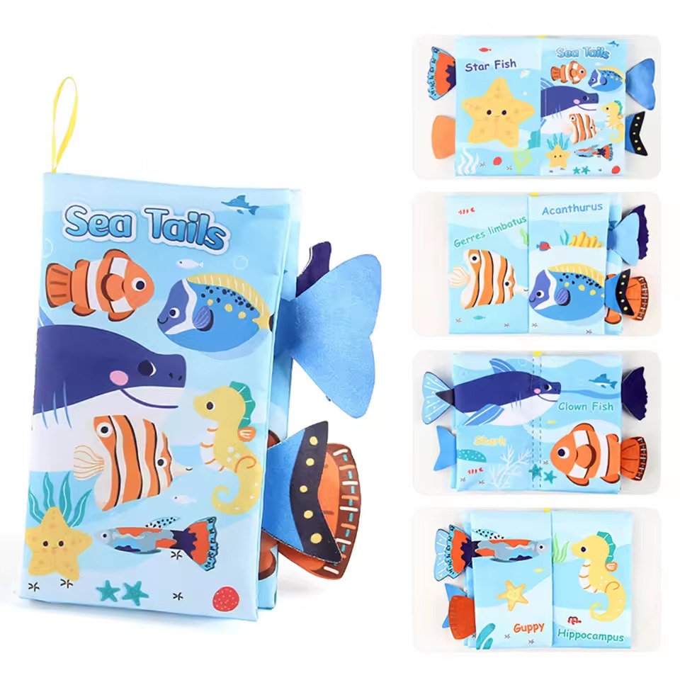 Baby Cloth Book with Cartoon Animal Tails, Ringed Soft Sensory Book for Infants 0–12 Months, Montessori Early Learning Toy, Educational Crinkle Baby Book Gift LBBB03