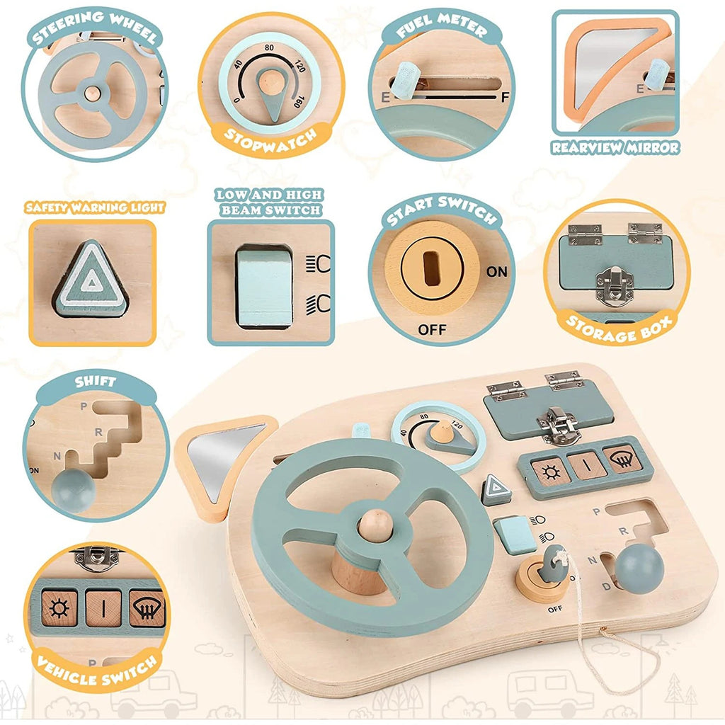 Montessori Wooden Steering Wheel Busy Board for Toddlers, Sensory Activity Board, Car Dashboard Toy, Fine Motor Skills Learning Toy