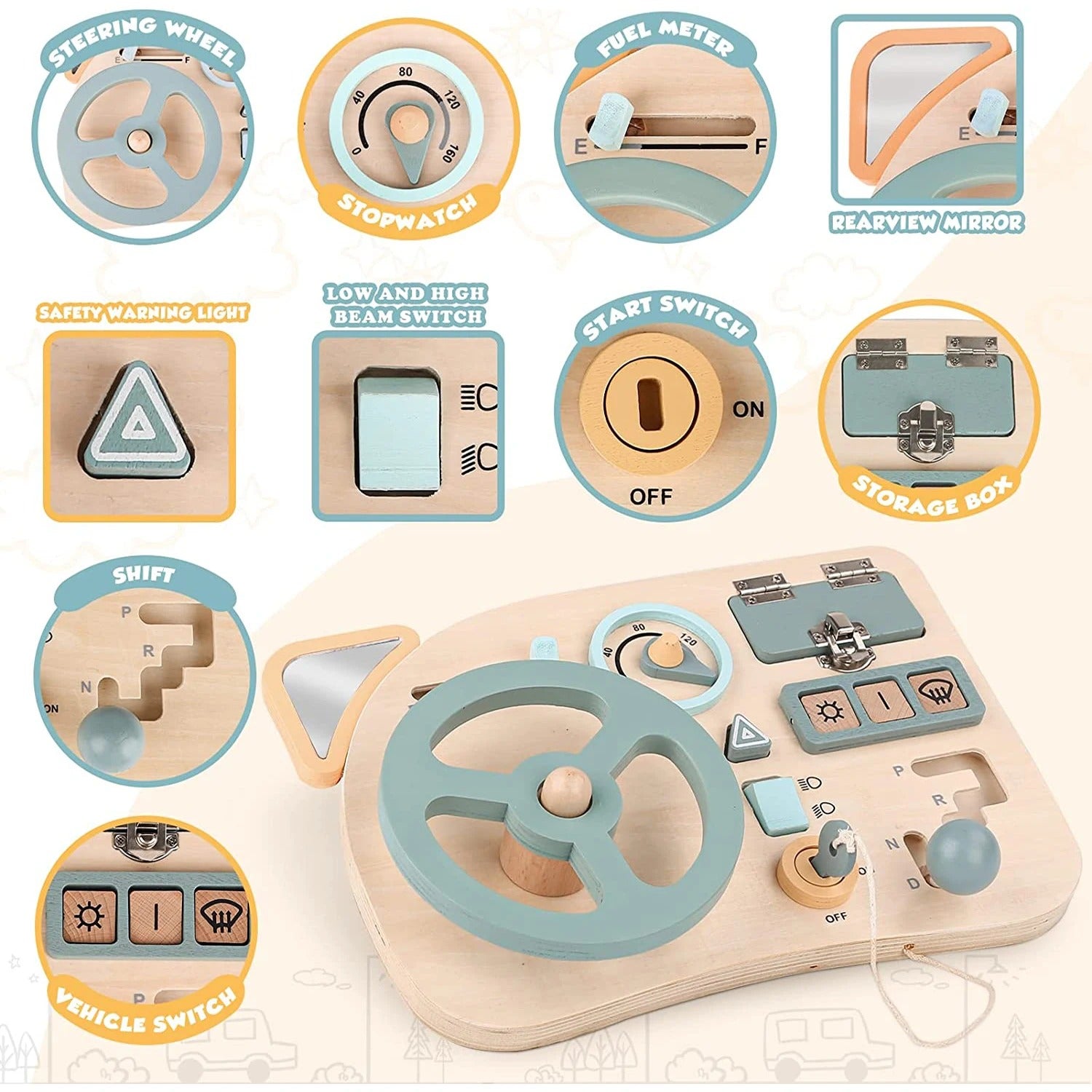 Montessori Wooden Steering Wheel Busy Board for Toddlers, Sensory Activity Board, Car Dashboard Toy, Fine Motor Skills Learning Toy