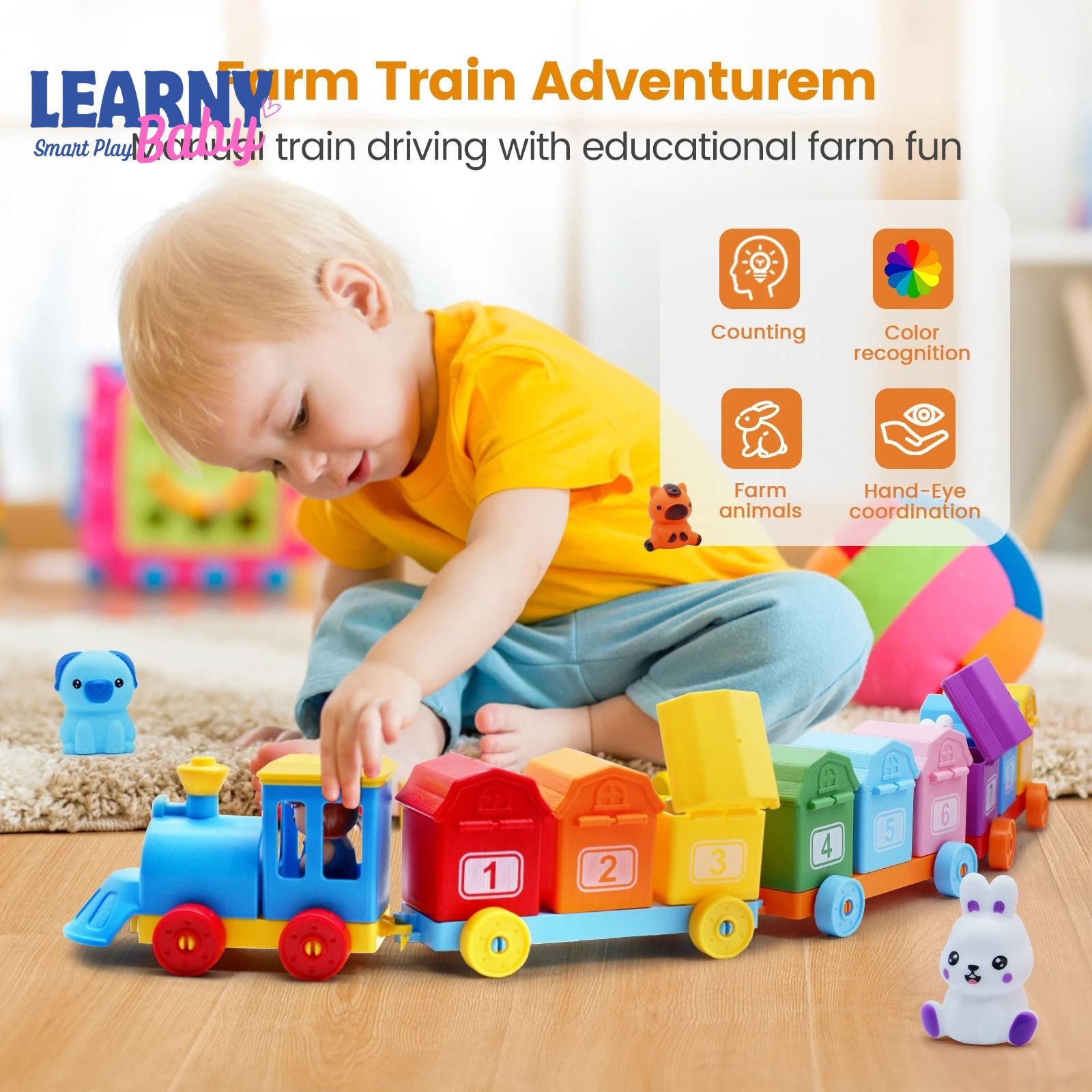 Montessori Color Sorting Train Toy for Toddlers, Farm Animal Counting & Matching Game, Fine Motor Skills Learning Toy, Preschool Educational Gift