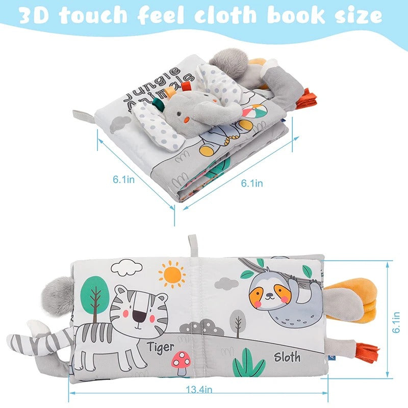 Montessori Soft Baby Cloth Book 3D Touch & Feel, High Contrast Black and White Sensory Book for Infants 0–12 Months, Early Learning Crinkle Book with Rattle Toy LBBB02