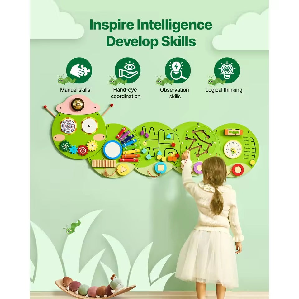 Wooden Busy Board for Kids, 12 Activities Montessori Sensory Learning Center, Educational Wall Toy for Children Ages 3-12