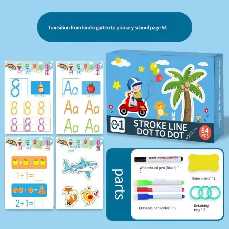 Montessori Stroke Line, Letter & Number Practice Copybook with Erasable Pens (Ages 3–6)