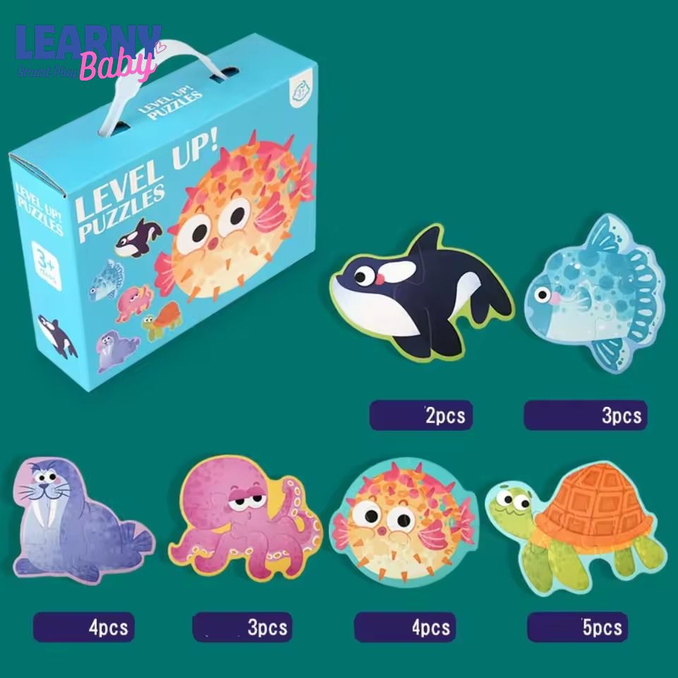 6-in-1 Marine Animal Wooden Puzzle Set for Kids Ages 3-6 – Large Block Ocean Animal Jigsaw Toy in Handheld Gift Box, Early Learning Educational Birthday Gift