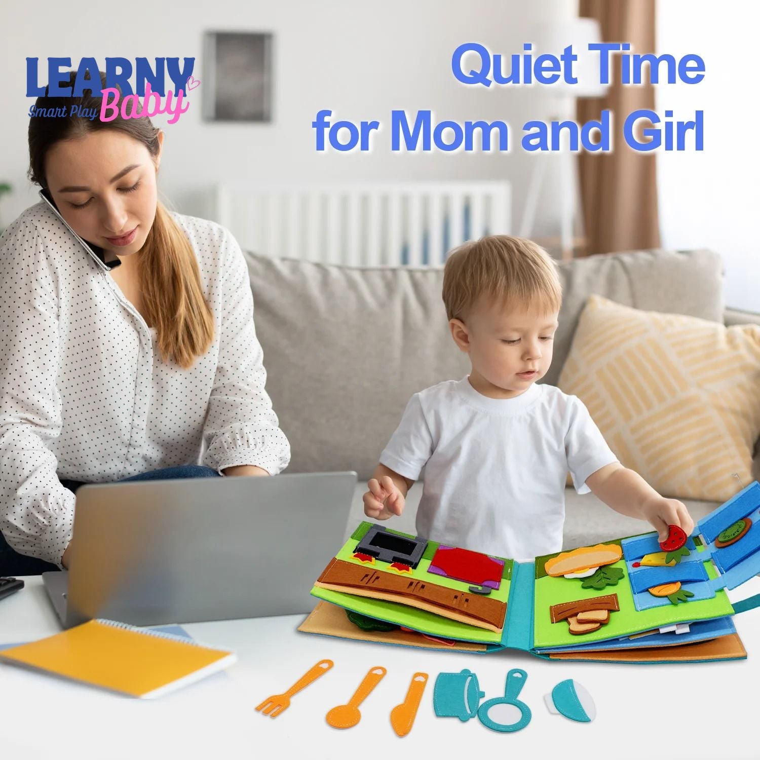 Montessori Busy Book for Toddlers, Quiet Book Pretend Play Toy, Early Learning Activity Book with Life Skills, Fine Motor Skills, Ages 1–3