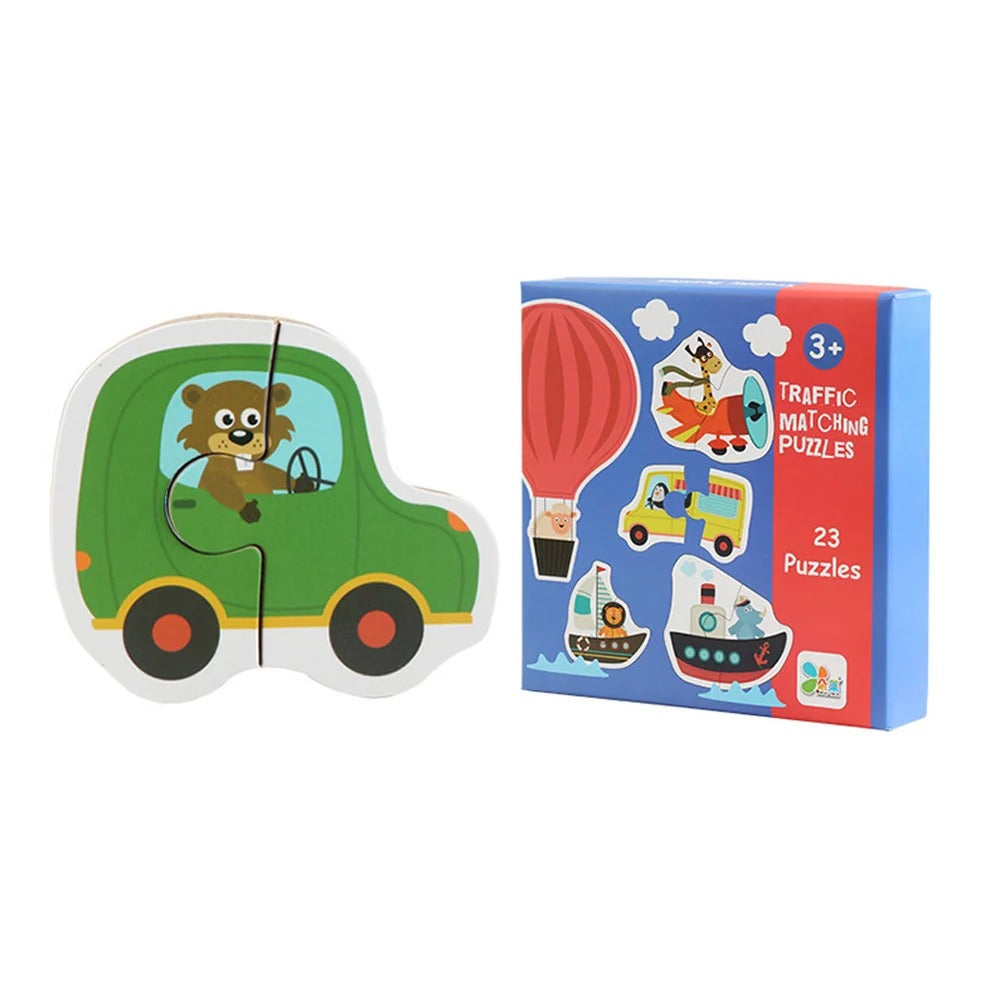 Kids Wooden Jigsaw Matching Puzzle, Early Cognitive Learning Toy with Animals, Fruits & Traffic, Ages 1.5–4
