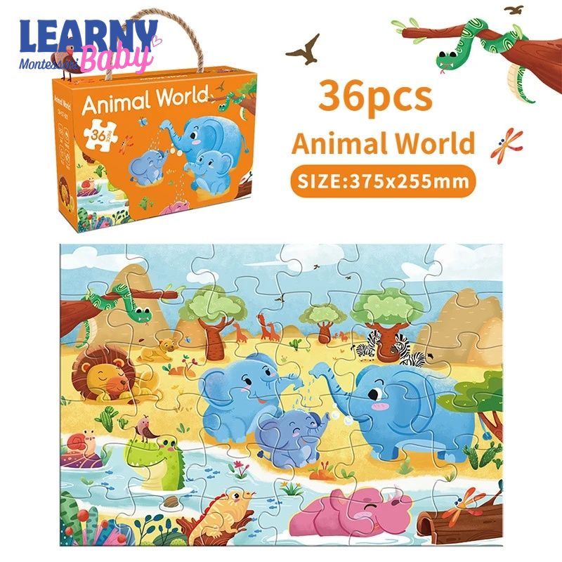 36-Piece Kids Jigsaw Puzzle Set with Carrying Case, Large Paper Puzzle Pieces, Early Learning Educational Toy for Ages 3-6