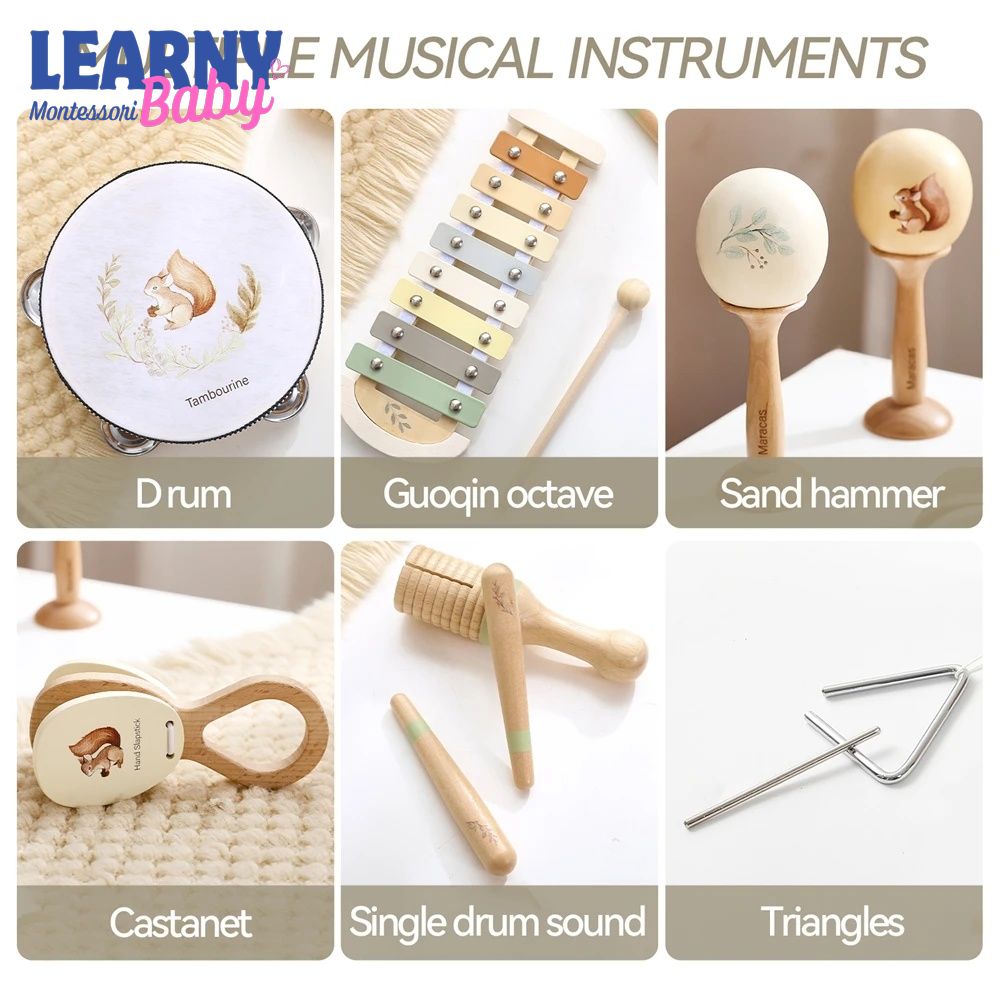 Montessori Wooden Musical Instrument Set for Babies, Drum and Xylophone Music Toy, Early Learning Sensory Toy for Toddlers