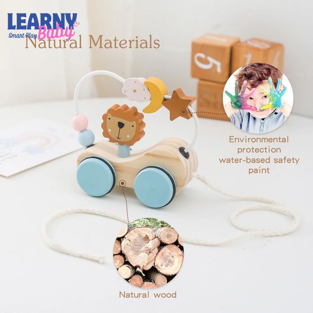 Montessori Wooden Pull-Along Trailer Toy with Colorful Building Blocks – Multi-Function Baby Learning Gift