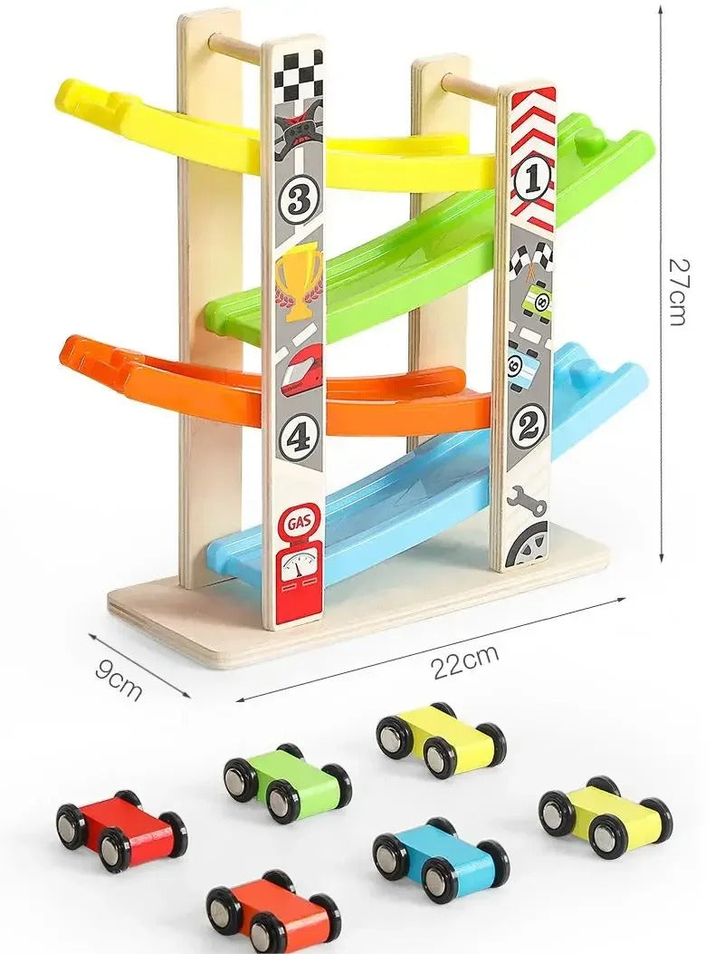 Montessori Wooden Ramp Racing Car Toy – 4–7 Track Inertia Slide Race Set for Toddlers