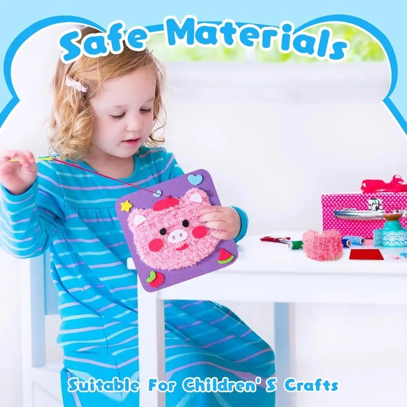 DIY Cartoon Animal Embroidery Doll Kit for Kids, Threading & Sewing Craft, Fine Motor & Focus Training, Ages 5–10