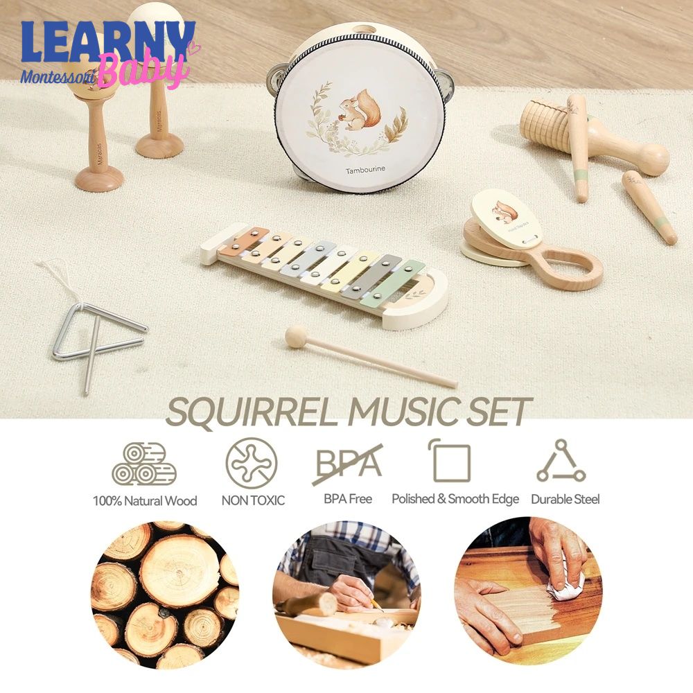Montessori Wooden Musical Instrument Set for Babies, Drum and Xylophone Music Toy, Early Learning Sensory Toy for Toddlers