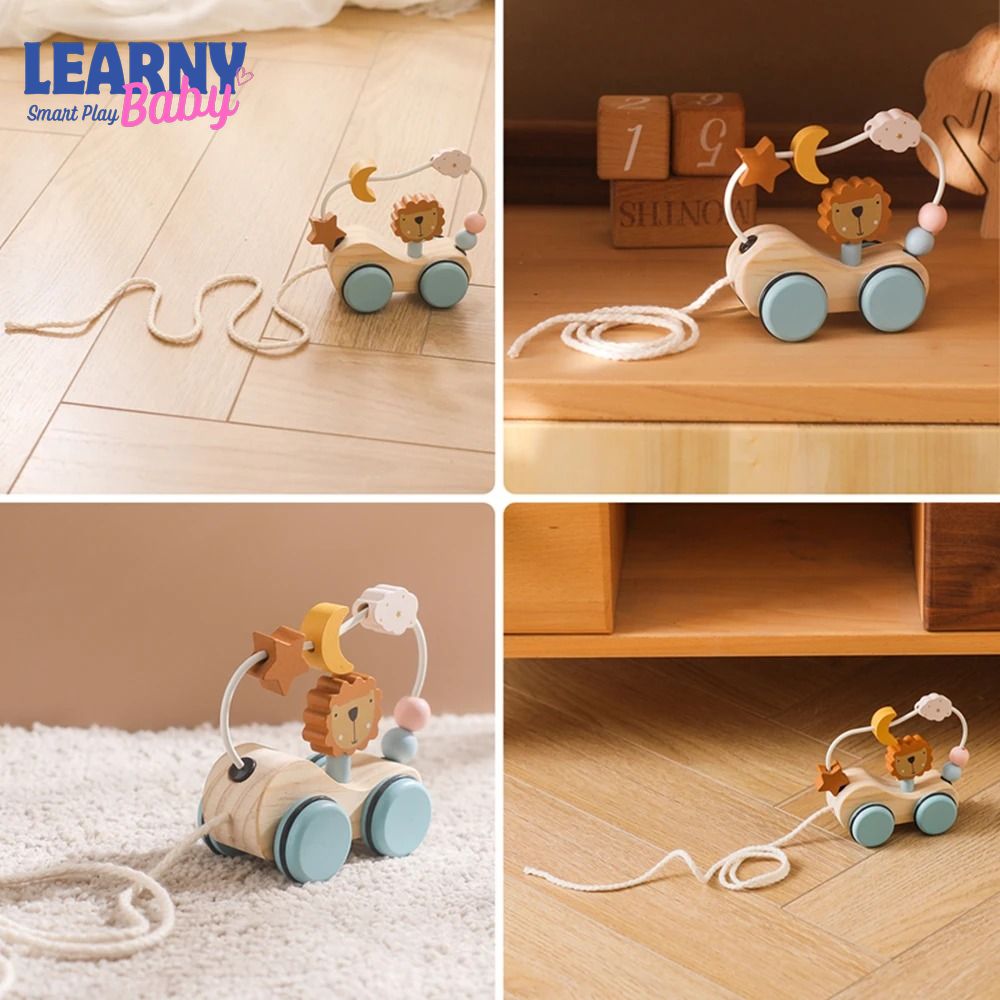 Montessori Wooden Pull-Along Trailer Toy with Colorful Building Blocks – Multi-Function Baby Learning Gift