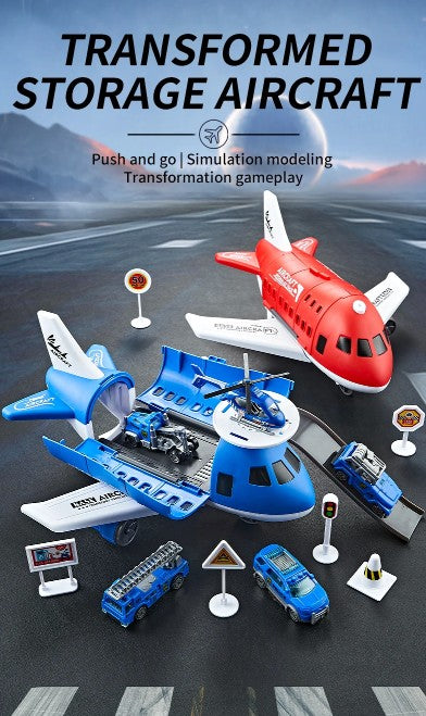 Children's Airplane Car Toy, Inertial Airplane Model, Equipped with 6 Road Signs Random 3 Cars 1 Helicopter, Christmas Gift