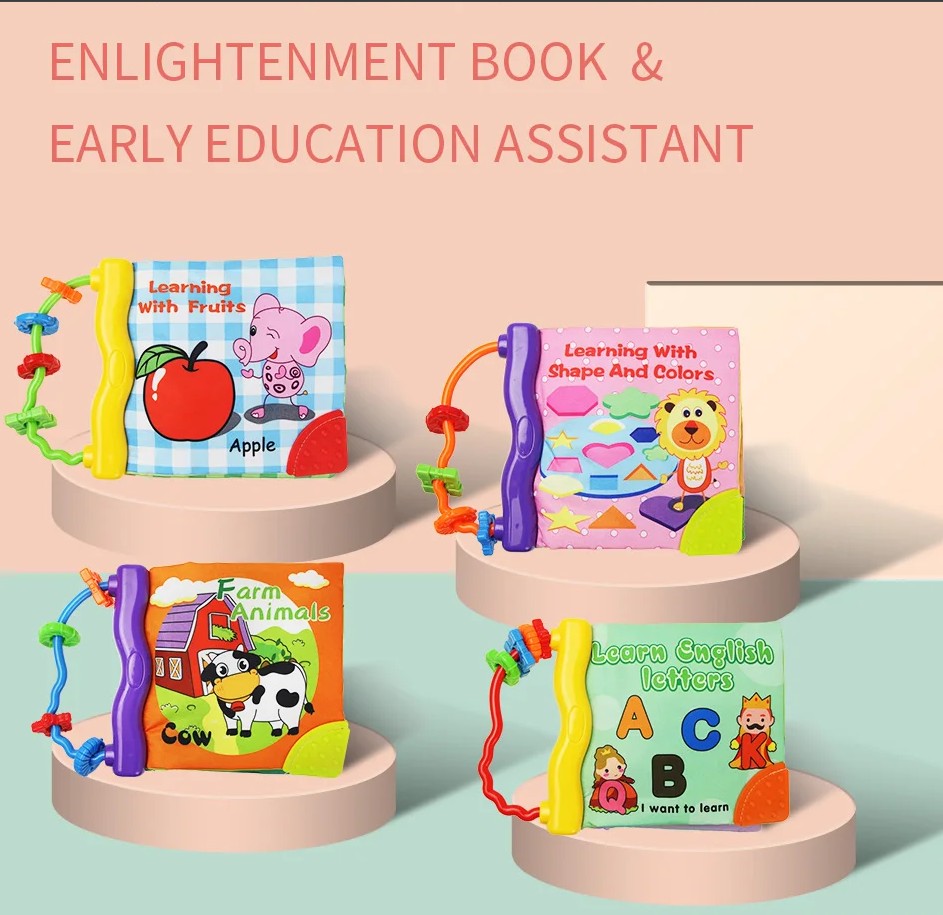 Montessori Baby Cloth Book with Ring, Animal Fruit & Letter Shapes Cognitive Soft Fabric Book, Educational Sensory Toy for Infants and Toddlers 0–36 Months LBBB05