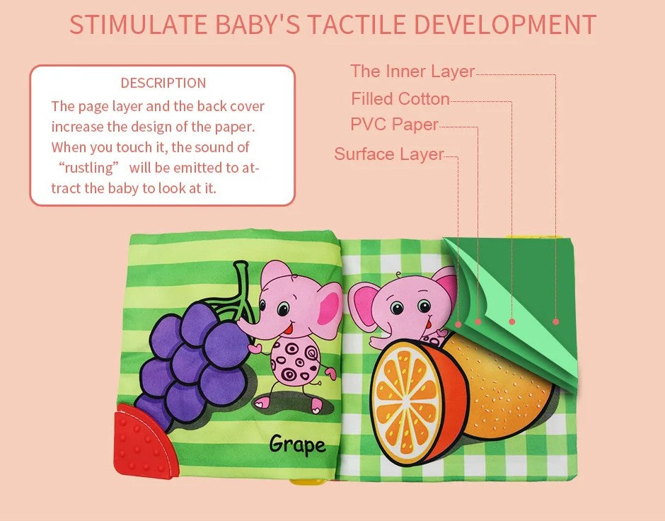 Montessori Baby Cloth Book with Ring, Animal Fruit & Letter Shapes Cognitive Soft Fabric Book, Educational Sensory Toy for Infants and Toddlers 0–36 Months LBBB05