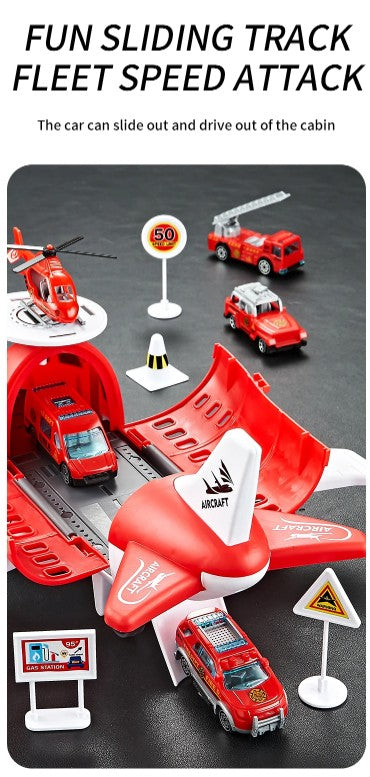 Children's Airplane Car Toy, Inertial Airplane Model, Equipped with 6 Road Signs Random 3 Cars 1 Helicopter, Christmas Gift