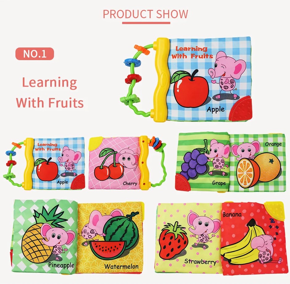 Montessori Baby Cloth Book with Ring, Animal Fruit & Letter Shapes Cognitive Soft Fabric Book, Educational Sensory Toy for Infants and Toddlers 0–36 Months LBBB05