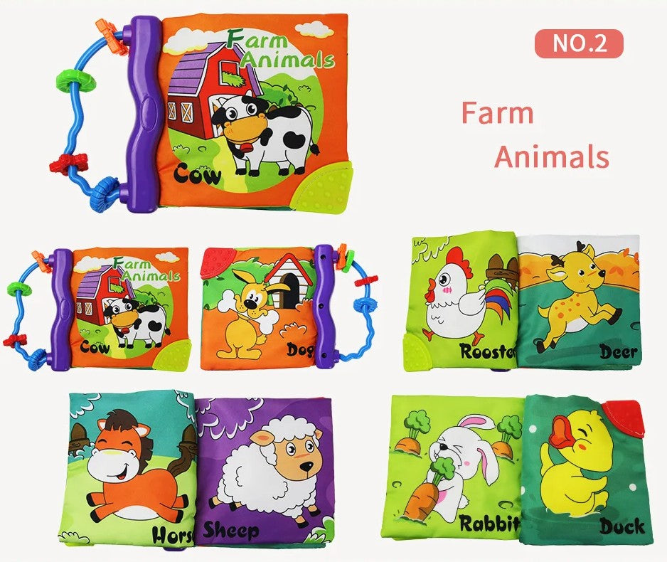 Montessori Baby Cloth Book with Ring, Animal Fruit & Letter Shapes Cognitive Soft Fabric Book, Educational Sensory Toy for Infants and Toddlers 0–36 Months LBBB05