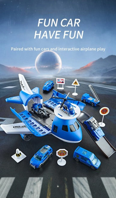 Children's Airplane Car Toy, Inertial Airplane Model, Equipped with 6 Road Signs Random 3 Cars 1 Helicopter, Christmas Gift