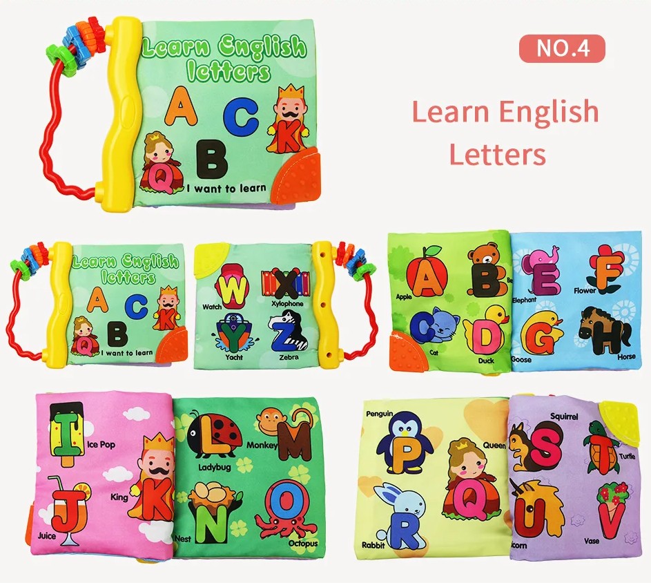 Montessori Baby Cloth Book with Ring, Animal Fruit & Letter Shapes Cognitive Soft Fabric Book, Educational Sensory Toy for Infants and Toddlers 0–36 Months LBBB05