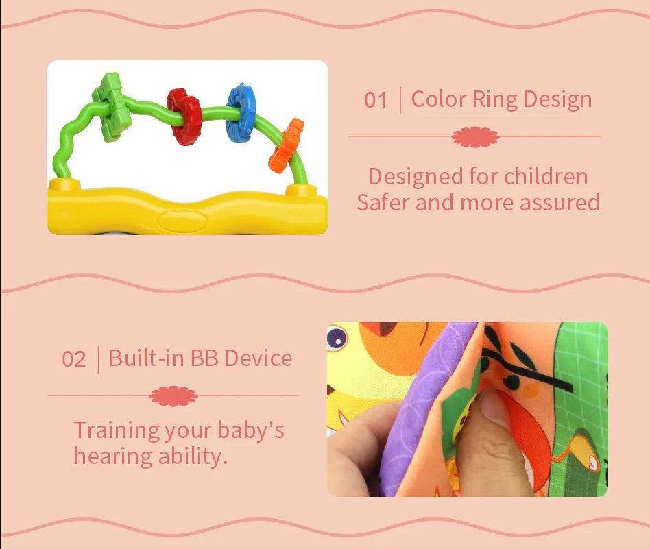 Montessori Baby Cloth Book with Ring, Animal Fruit & Letter Shapes Cognitive Soft Fabric Book, Educational Sensory Toy for Infants and Toddlers 0–36 Months LBBB05