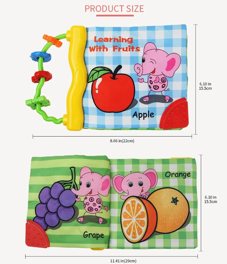 Montessori Baby Cloth Book with Ring, Animal Fruit & Letter Shapes Cognitive Soft Fabric Book, Educational Sensory Toy for Infants and Toddlers 0–36 Months LBBB05