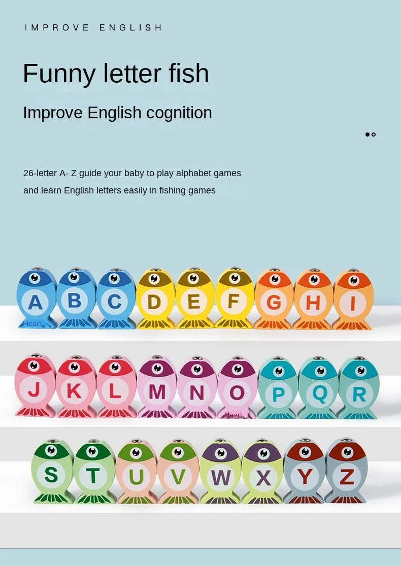 Kids Wooden Fishing Game Toy, Alphabet & Number Learning Puzzle, Fine Motor & Early Education, Ages 2–5