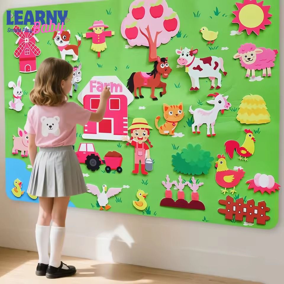 Montessori Farm Animals Felt Story Board Set for Toddlers, Large Farm Felt Board Wall Hanging, Preschool Storytelling Busy Board, Educational Gift