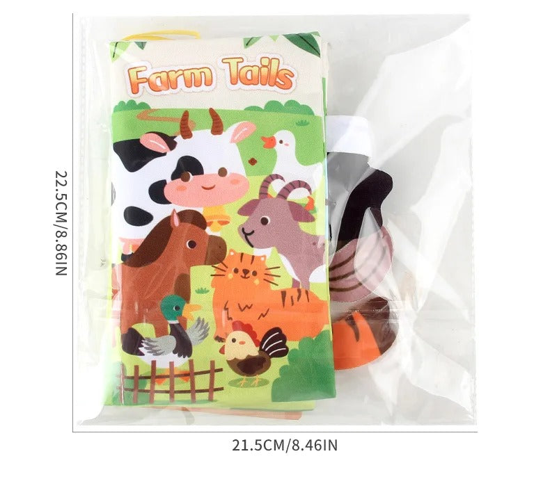 Baby Cloth Book with Cartoon Animal Tails, Ringed Soft Sensory Book for Infants 0–12 Months, Montessori Early Learning Toy, Educational Crinkle Baby Book Gift LBBB03