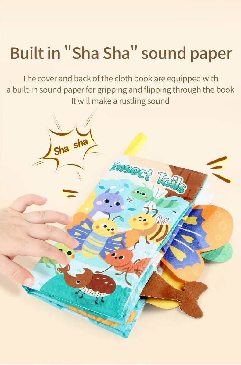 Baby Cloth Book with Cartoon Animal Tails, Ringed Soft Sensory Book for Infants 0–12 Months, Montessori Early Learning Toy, Educational Crinkle Baby Book Gift LBBB03