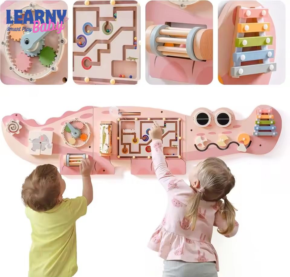 Montessori Wooden Busy Board Wall-Mounted Activity Center – Educational Learning Toy with Gears & Maze for Kids