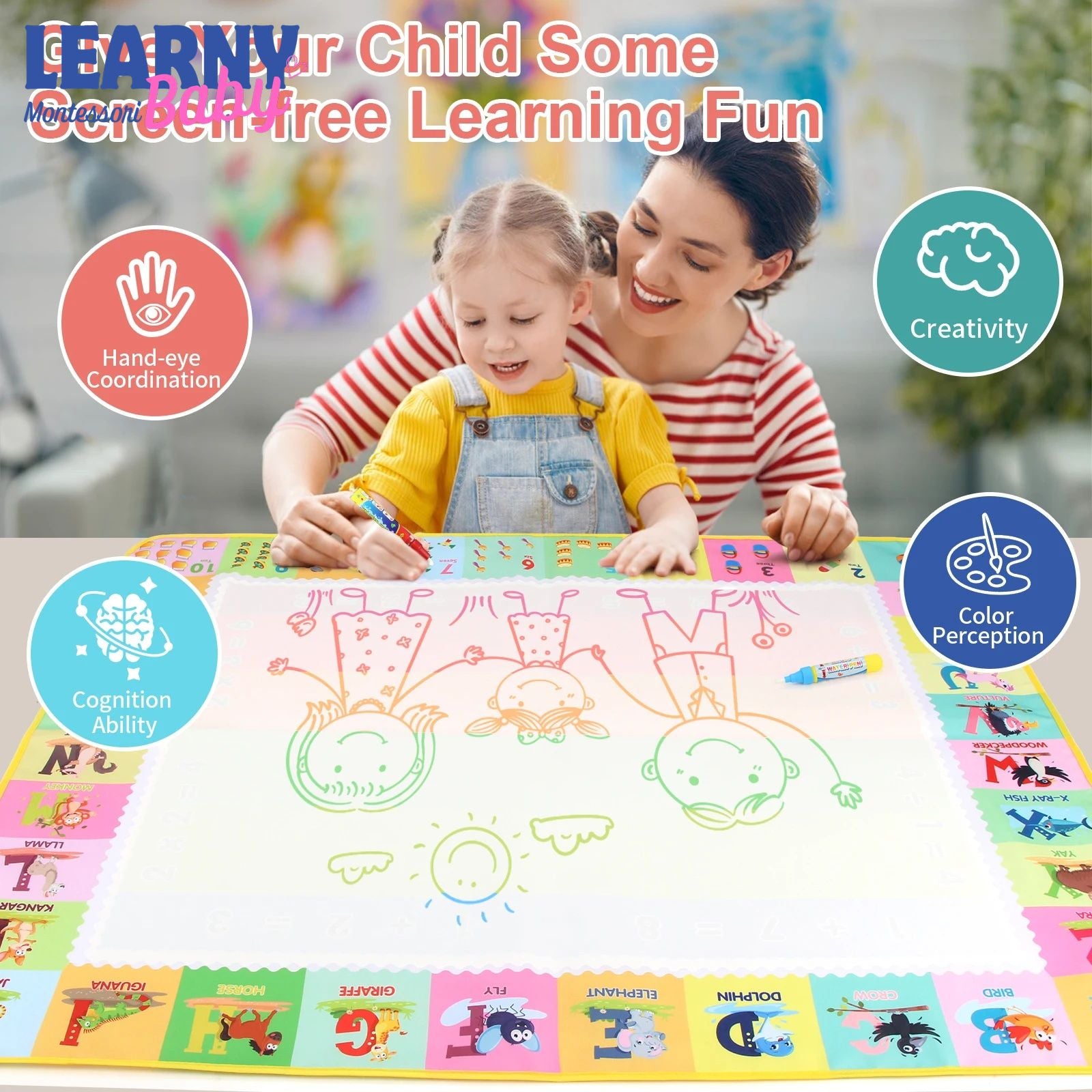 Magic Water Drawing Mat with Reusable Magic Pens Doodle Montessori Painting Board Educational Toys Kids Gifts