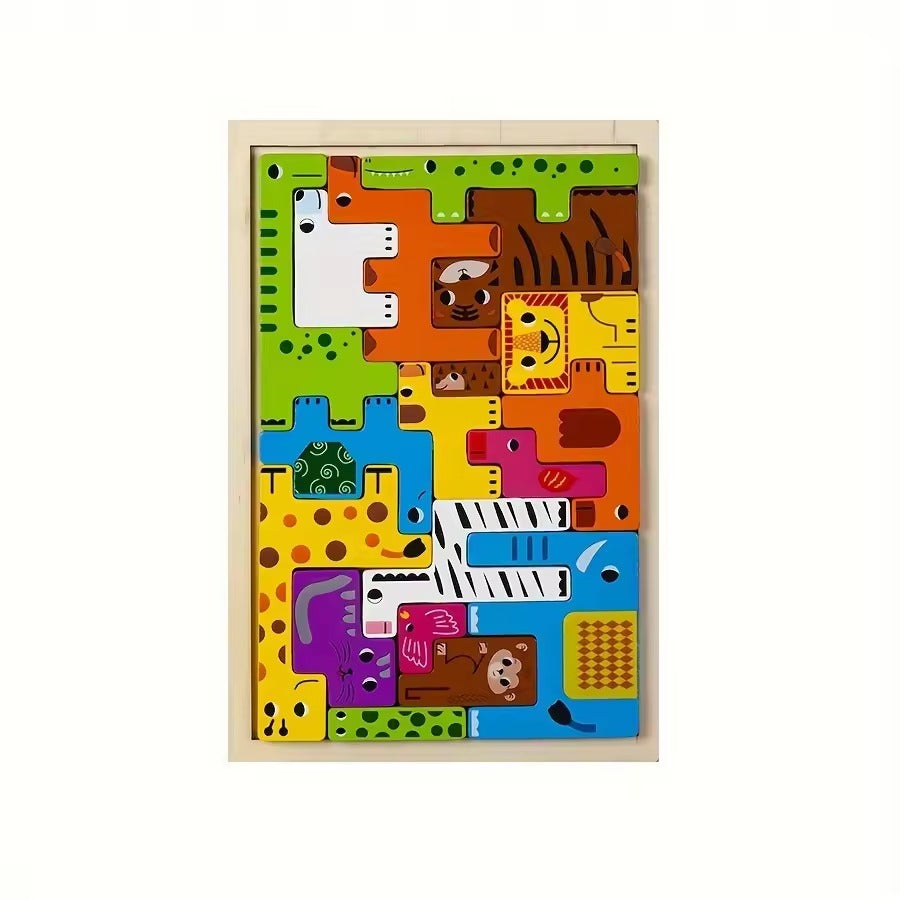Wooden Animal Tangram Puzzle for Kids, Montessori Logic Puzzle Board, Educational Brain Teaser Toy, Colorful Shape Puzzle, Preschool Learning Gift