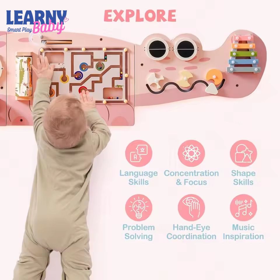 Montessori Wooden Busy Board Wall-Mounted Activity Center – Educational Learning Toy with Gears & Maze for Kids