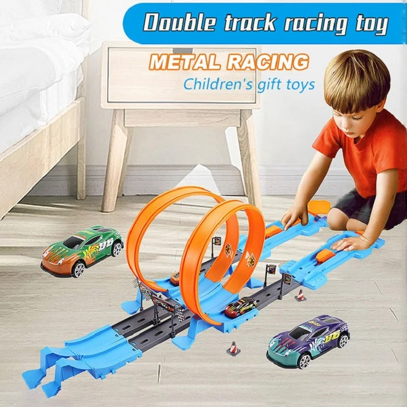 Hot Stunt Double Car Racing Track, DIY Assembly Rail Track Toy, Speed Racing & Logic Play for Kids Ages 3–8