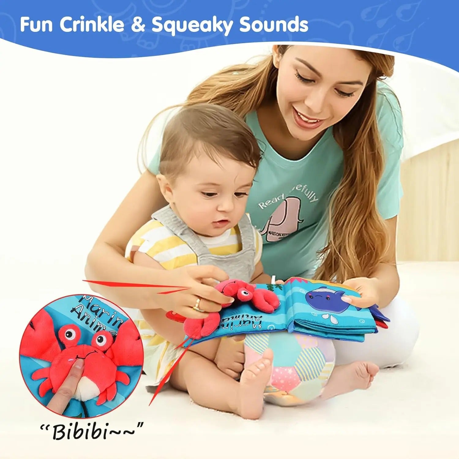 Soft Crinkle Baby Cloth Book with Marine Animal Tails, Montessori Sensory Tummy Time Toy, High Contrast Hanging Stroller Book for Infants 0–18 Months LBBB06