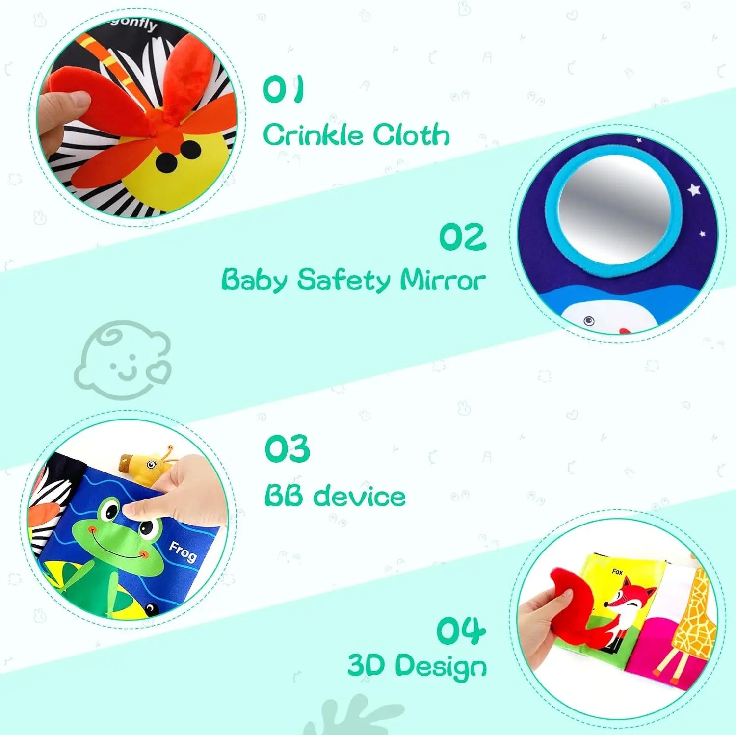 Soft Crinkle Baby Cloth Book with Marine Animal Tails, Montessori Sensory Tummy Time Toy, High Contrast Hanging Stroller Book for Infants 0–18 Months LBBB06