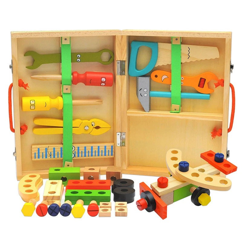 Montessori Wooden Tool Box Toy Set for Kids, Pretend Play Carpenter Kit, Toddler Construction Toy, STEM Building Learning Toy, Educational Gift for Boys Girls