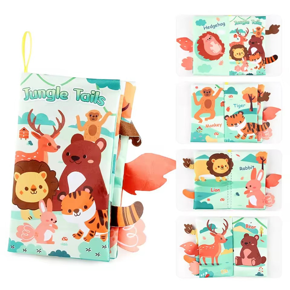 Baby Cloth Book with Cartoon Animal Tails, Ringed Soft Sensory Book for Infants 0–12 Months, Montessori Early Learning Toy, Educational Crinkle Baby Book Gift LBBB03